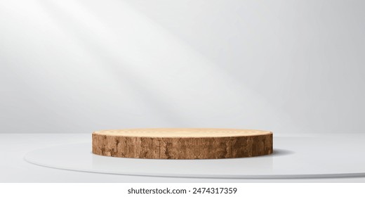 Wooden podium stage. Round wood empty platform realistic 3d vector mockup. Circular stand with polished surface and visible rugged bark texture, illuminated with soft light, casting the shadow on wall