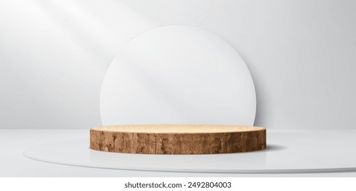 Wooden podium stage with tree bark and white arch for product display, vector mockup. Exhibition podium stage or display pedestal and showcase platform of wood log or stump cut with wooden texture