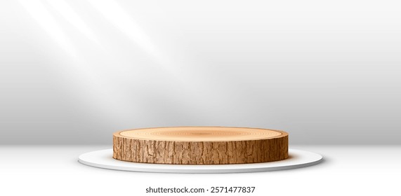 Wooden podium stage with tree bark pedestal for product display, vector background. Exhibition podium stage or display pedestal and showcase platform of wood log or stump cut stand for showroom