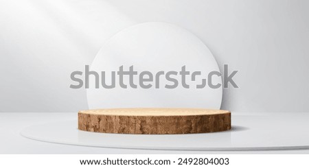 Wooden podium stage with tree bark and white arch for product display, vector mockup. Exhibition podium stage or display pedestal and showcase platform of wood log or stump cut with wooden texture