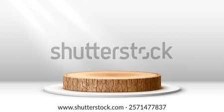 Wooden podium stage with tree bark pedestal for product display, vector background. Exhibition podium stage or display pedestal and showcase platform of wood log or stump cut stand for showroom