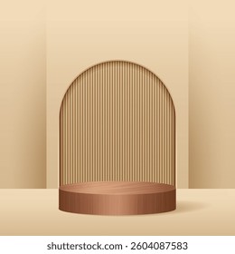 Wooden podium stages and product showcase platform with wood covers and golden in round and square shape. Abstract minimal scene. Minimal podium with wooden base.