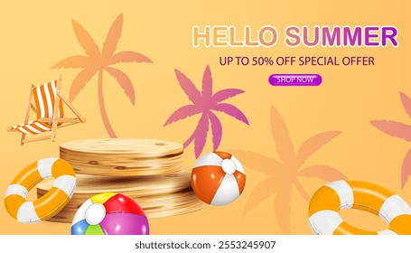 wooden podium and summer objects flying on yellow background. up to 50% off special offer and discount summer business product display and presentation banner,poster vector illustration.