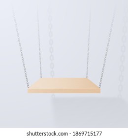 Wooden podium suspended on chains on a white background. Product presentation platform. Vector illustration.