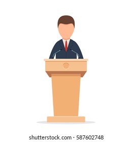 Wooden podium tribune rostrum stand with a man. Speaker standing behind the podium, speaking into the microphones. Flat icon. Vector illustration isolated on white background