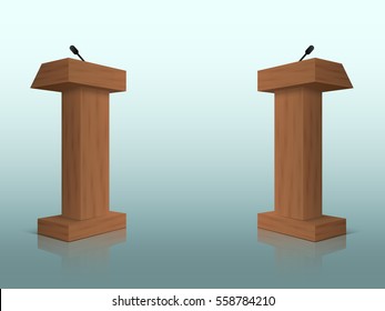 Wooden Podium Tribune Rostrum Stands with Microphones on the floor. Vector illustration