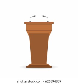 Wooden podium tribune stand rostrum with microphones. Back view from audiences side. Vector illustration