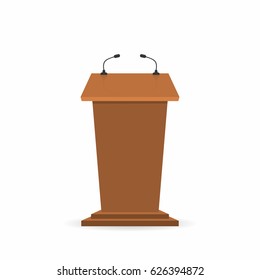 Wooden podium tribune stand rostrum with microphones. Front view from reporters side. Vector illustration