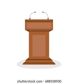 Wooden podium tribune stand rostrum with microphones. Flat cartoon style. Vector illustration.