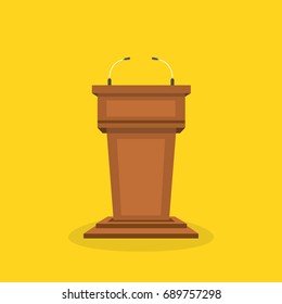 Wooden podium tribune stand rostrum with microphones. Flat cartoon style. Vector illustration.