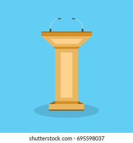 Wooden podium tribune stand rostrum with microphones. Flat cartoon style. Vector illustration.