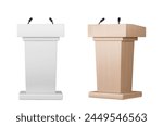 Wooden podium tribunes set isolated on white background. Vector realistic illustration of rostrum for debate, lecture, press conference, seminar speaker, presentation stage furniture with microphones