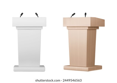 Wooden podium tribunes set isolated on white background. Vector realistic illustration of rostrum for debate, lecture, press conference, seminar speaker, presentation stage furniture with microphones