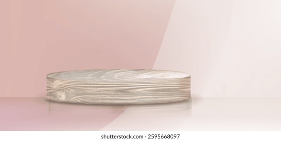 Wooden Podium Vector: 3D Cylinder, Wood Grain Texture, Pastel Pink Background, Product Display Scene, Minimalist Design, Elegant Composition, Soft Feminine Setting, Pill-Shaped Platform.