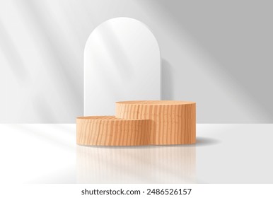 Wooden Podiums At Minimalist Background Featuring A White Arch, Light And Shadows Create A Simple Yet Elegant Ambiance