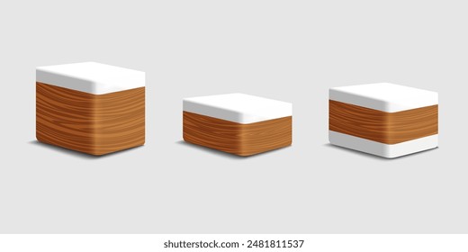 
Wooden podiums, platforms for display product,3d vector set. Empty square stands of brown wood plank and white base. Wooden Minimal scene template design