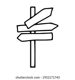 Wooden pointer with arrows in different directions.  Drawn in black outline on a white background in doodle style.  Vector illustration.