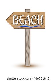 Wooden pointer to beach, blue wave and the words in grunge style. Guide arrow on white background. Vector