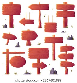 Wooden Pointer and Board on Pole Showing Direction or Information Vector Set