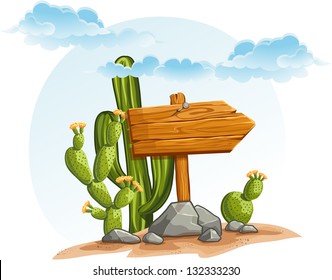 Wooden pointer with cactus in the desert