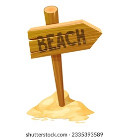 Wooden pointer, directional sign with sand in cartoon style isolated on white background. Summer, sea holiday plank.