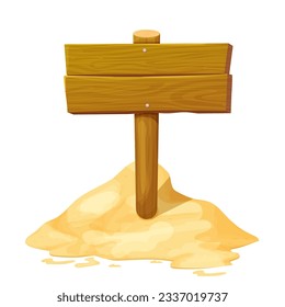 Wooden pointer, directional sign with sand in cartoon style isolated on white background. Summer, sea holiday plank.