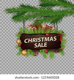 
Wooden pointer with a discount hanging on a fir branch
