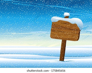 Wooden pointer with falling snow on blue sky background. Winter vector.