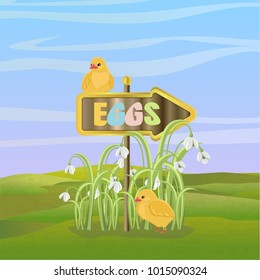 Wooden pointer with a golden arrow and an inscription Eggs, sitting on it small yellow chickens, thickets of white flowers. Green field with windmills, sky and clouds. Easter. Vector landscape