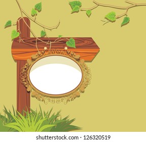 Wooden pointer with grass and birch branches. Vector
