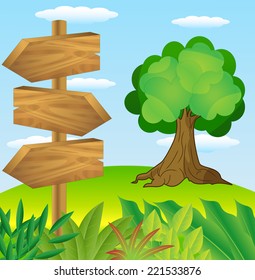 wooden pointer to the green lawn, vector illustration