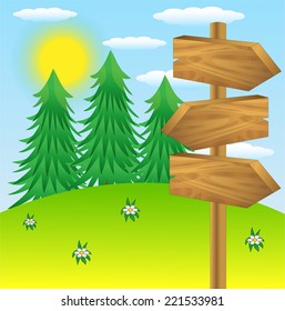 wooden pointer to the green lawn, vector illustration