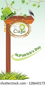 Wooden pointer of a location cafe. Lunch to the St. Patrick's Day. Vector