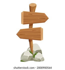 Wooden pointer, signboard with rock, stone pile and moss in cartoon style isolated on white background. Ui asset, design element. Textured old tree branch with plank. Vector illustration
