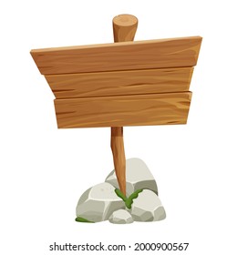 Puntero de madera, letrero con roca, pila de piedra y musgo al estilo de dibujos animados aislados en fondo blanco. Activo Ui, elemento de diseño. Rama de árbol antigua texturada con tabla. Ilustración del vector