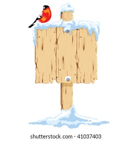 wooden pointer in the snow, it sits bullfinch. Vector. svg