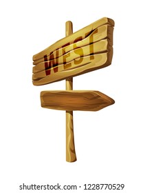 Wooden pointer to west. Arrow sign with direction indicator on wooden stand on wild west. Western signboard, message board, signpost for finding way with direction. Vector illustration.