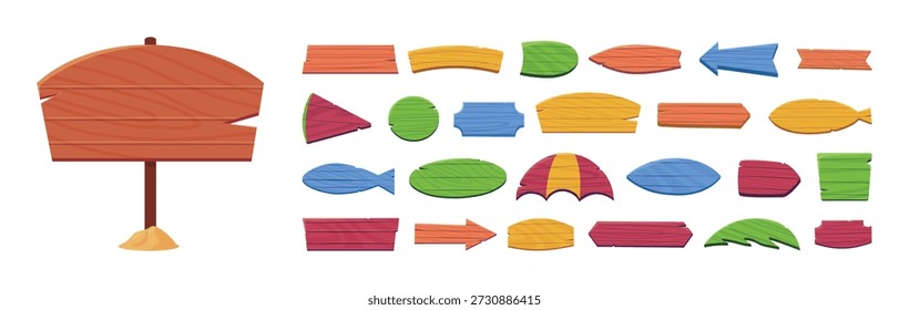 Wooden pointers. Colorful pointer, destination arrows, banners for information. Wooden banner on pole. Beach and road sign boards, bar, cafe, restaurant, hotel, vector set