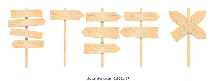 Wooden pointers set on white background. Signposts, banners and more.