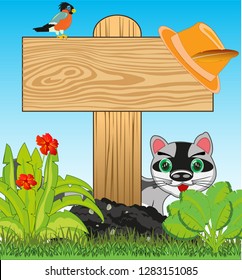 Wooden pole and board on year glade with herb and flower