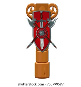 Wooden pole with a shield, a sword and two sharp halberds isolated on white background. Vector cartoon close-up illustration.