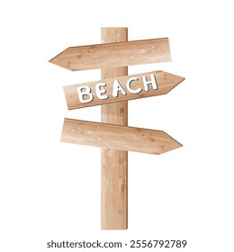 Wooden pole signpost with direction to the beach. Vector watercolor illustration of signpost. 