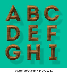 Wooden polygonal alphabet, part 1, vector illustration.