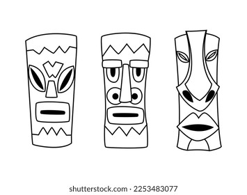 Wooden Polynesian Tiki Idols and Carved Head Mask Line Vector Set