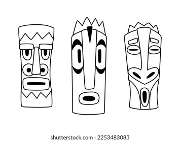 Wooden Polynesian Tiki Idols and Carved Head Mask Line Vector Set