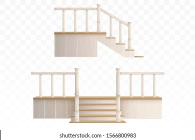 Wooden porch staircase with decorative balustrade and pillars front and side view. Vector realistic 3d external stair steps with railings from terrace isolated on transparent background