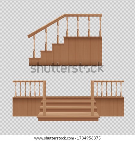 Wooden porch staircase set - home entrance stair with ornate wood handrail from front and side view isolated on transparent background. Realistic vector illustration.