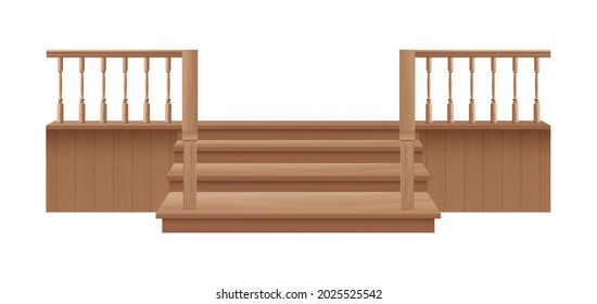 Wooden porch stairs and handrail for home entrance - realistic wood staircase and banister from front view isolated on white background. Vector illustration.