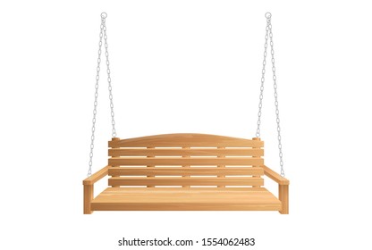 Wooden porch swing hanging on chains isolated on white background. Vector swing bench for outdoor, garden and patio