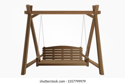 Wooden Porch Swing Hanging On Frame With Chains Isolated On White Background. Vector Swing Bench Furniture For Outdoor, Garden And Patio